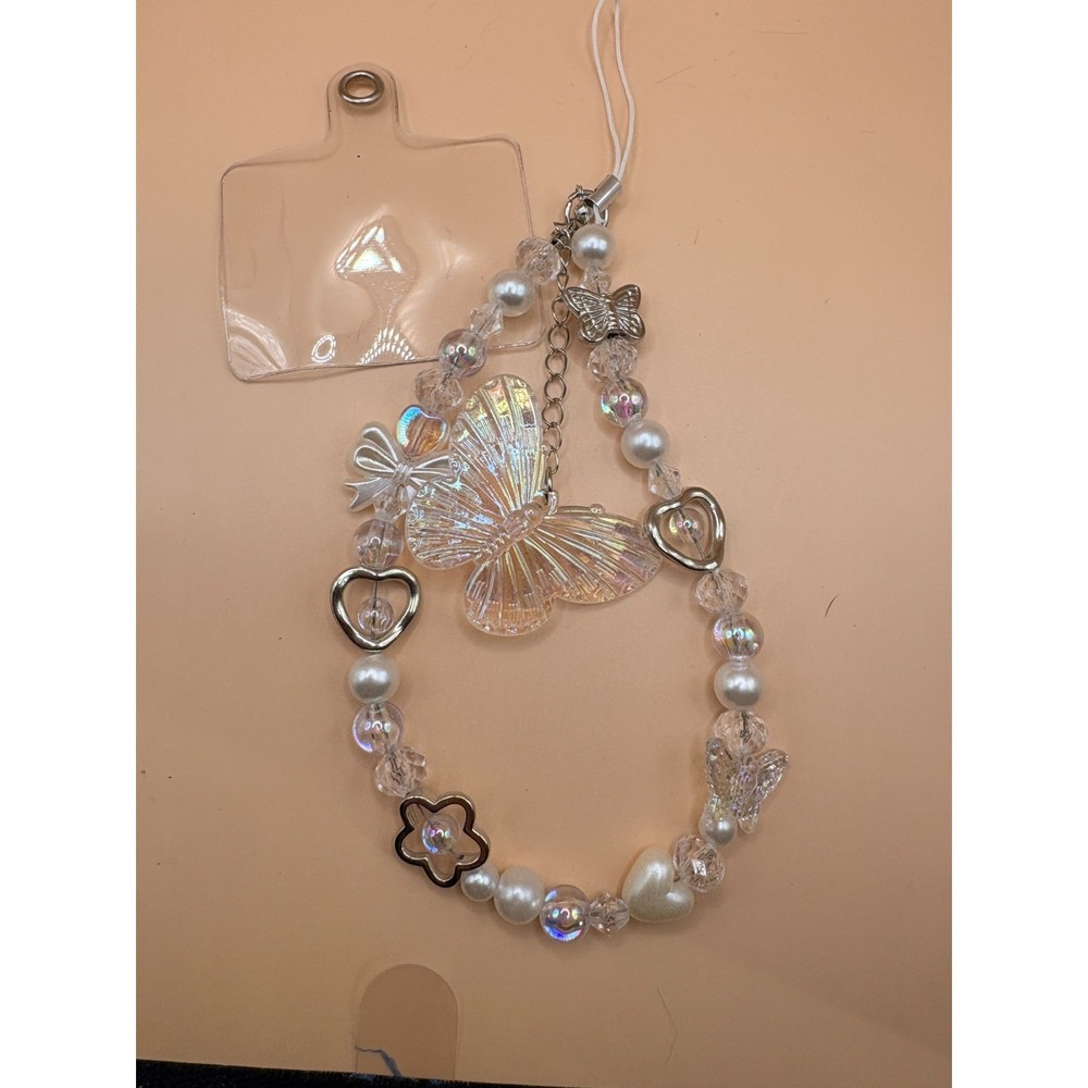 White Butterfly Beaded Phone Lanyard